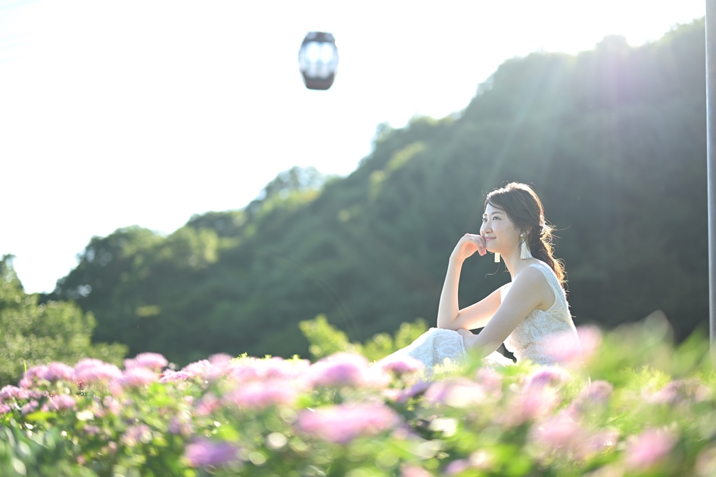あじさいの花畑に座り遠くを見つめる新婦、白いワンピース姿、灯籠が見える庭園で。
